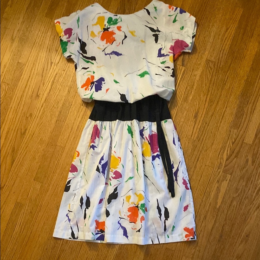 🎨 1980’s Colorful Dress 🖌️ splatter 🫟 paint VINTAGE drop waist small-medium
